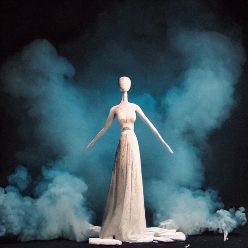beautiful flawless mannequin wrapped in toilet paper, floating in the air, misty background, disappearing in smoke, black and dark blue, intricate details, Cinematic lighting, curved lines, --v 4 