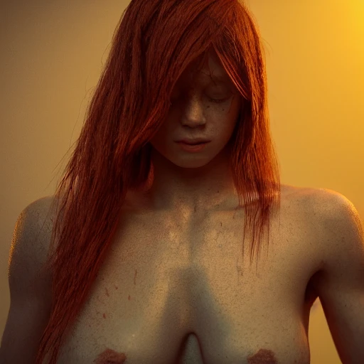 1girl, a real perfect female anatomy of ginger, sweaty naked upper body, hyper details, volumetric lighting, cinematic lights, photo bashing , epic cinematic, octane render ,extremely high detail, post processing, 8K wallpaper, Film Grain, 3d, denoise, redshift style, photoshoot