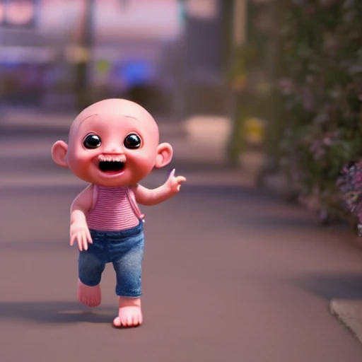 3d baby human walking, cute and adorable, Pixar render, unreal engine cinematic smooth, intricate detail, cinematic, smiling, happy happy, cartoon style