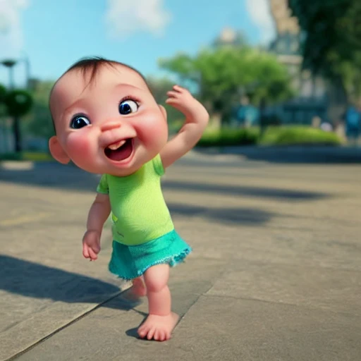 baby human walking, cute and adorable, Pixar render, unreal engine cinematic smooth, intricate detail, cinematic, smiling, happy happy, cartoon style, hyper detailed lovely eyes. A baby has a pot belly., Cartoon