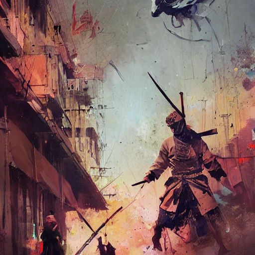 ismail inceoglu epic oil on canvas painting of a samurai movie poster art, line art!!, ink, art concept for a book cover!!, harmonic colours, thik brushstrokes, ran movie still, akira kurosawa photography, highly detailed, centered, hyperrealism, romantic, concept art, smooth, sharp focus trending on artstation, by greg manchess and by craig mullins and by kilian eng and by jake parker 