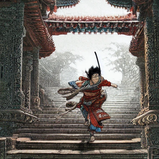 illustration of a ninja running the steps leading to a temple, Detailed and Intricate, asian, very detailed, Beautiful Lighting, colorful, Dynamic Lighting, Intricate Environment, 8k, Portrait. Rule of thirds. by jean-baptiste Monge