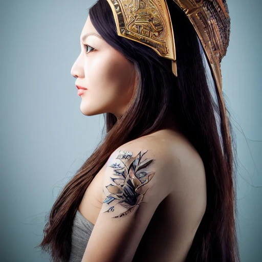 Profile of a beautiful woman, beautiful eyes, tattooed skin, fair complexion, with ancient Corinthian helmet on her head, age around 30, wonderful environment, volumetric lighting, vibrant