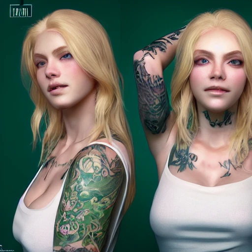 Beautiful woman, long blonde hair, smiling, green eyes, tattooed skin, super details, photorealistic, photo bashing, octane rendering, extremely high details, post-processing, 8k, 3d, denoise, redshift style