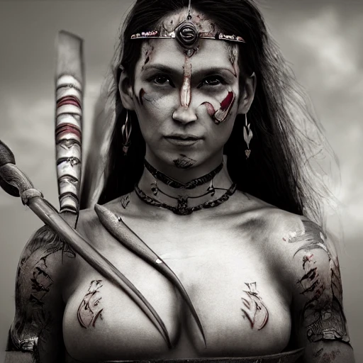 Beautiful warrior woman with spear in hand, long hair, smiling, clear eyes, tattooed skin, super detail, photorealistic, photo bashing, cinematic lights, photo bashing , epic cinematic, extremely high detail, post-processing, 8k, 3d, denoise , redshift style