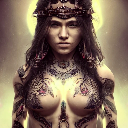 Beautiful warrior woman,long hair,smiling,clear eyes,tattooed skin,super detail,photorealistic,photo bashing,aurora lighting, , photo bashing ,epic cinematic,extremely high detail,post-processing,8k,3d,denoise,redshift style