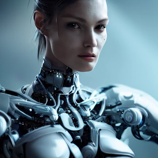 perfect female cyborg portrait made from beautiful and elegant white organic bio ceramic, hyper detail, futuristic style concept, cinematic lighting photo bashing epic cinematic octane rendering extremely high detail post processing 8k denoise
