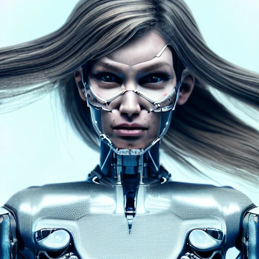 perfect female cyborg portrait, long hair, made from beautiful and elegant white organic organic ceramic, hyper detail, futuristic style concept, cinema lights photo bashing epic cinematic octane rendering extremely high detail post processing 8k denoise