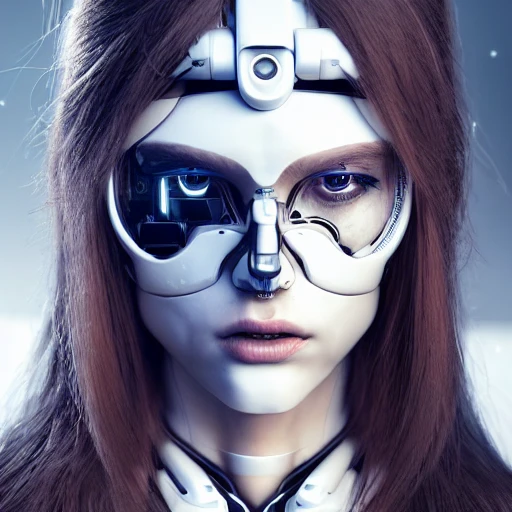 perfect female cyborg portrait, long hair, made from beautiful and elegant white organic organic ceramic, hyper detail, futuristic style concept, cinema lights photo bashing epic cinematic octane rendering extremely high detail post processing 8k denoise