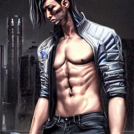 cyberpunk edgerunners 2077 male wearing leather jacket and jeans, hungry eyes, perfect face, fit and slightly muscular body, full body shot, (detailed pupils), (detailed lips), (high detailed face), HD, 8K, intricate, detailed, insanely accurate, high resolution, wlop, artgerm , erik jones, (((vivid colors))), trending on artstation, artgerm, very detailed, Pencil Sketch