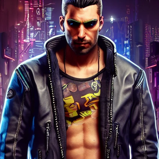 cyberpunk edgerunners , cyberpunk 2077 male wearing leather jacket and jeans, hungry eyes, perfect face, fit and slightly muscular body, full body shot, (high detailed face), HD, intricate, detailed, insanely accurate, high resolution, wlop, artgerm , trending on artstation, artgerm, very detailed