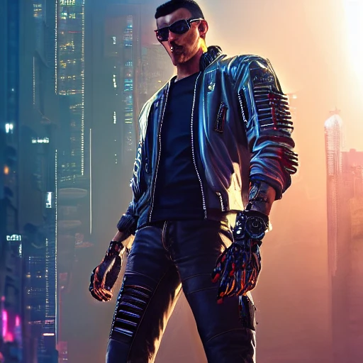 cyberpunk edgerunners , cyberpunk 2077 male wearing leather jacket and jeans, hungry eyes, perfect face, full body shot, (high detailed face), HD, intricate, detailed, insanely accurate, high resolution, wlop, artgerm , trending on artstation, artgerm, very detailed