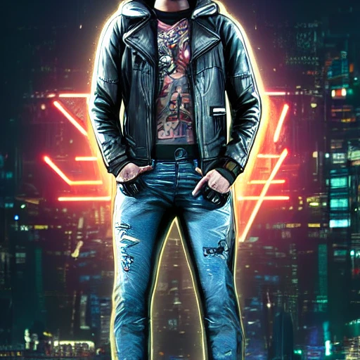 cyberpunk edgerunners , cyberpunk 2077 male wearing leather jacket and jeans, hungry eyes, perfect face, full body shot, (high detailed face), HD, intricate, detailed, insanely accurate, high resolution, wlop, artgerm , trending on artstation, artgerm, very detailed