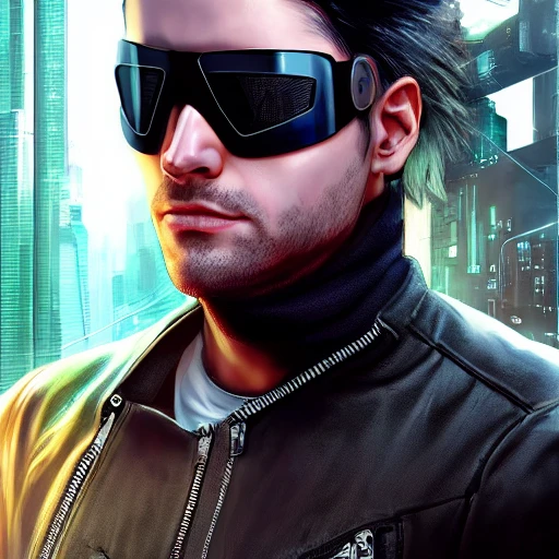 hacker character, visor googles, cyberpunk edgerunners , cyberpunk 2077 male wearing leather jacket and jeans, hungry eyes, perfect face, full body shot, (high detailed face), HD, intricate, detailed, insanely accurate, high resolution, wlop, artgerm , trending on artstation, artgerm, very detailed