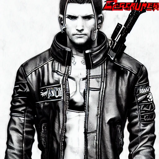 cyberpunk edgerunners , cyberpunk 2077 male wearing leather jacket and jeans, hungry eyes, with gun on hand, full body shot,  character style, anime style, (high detailed face), HD, intricate, detailed, insanely accurate, high resolution, wlop, artgerm , trending on artstation, artgerm, very detailed