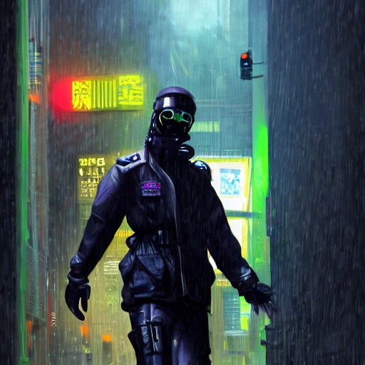 portrait futuristic french cyberpunk male police, in heavy rainning futuristic tokyo rooftop cyberpunk night, ssci-fi, fantasy, intricate, very beautiful, elegant, neon light, highly detailed, digital painting, artstation, concept art, soft light, hdri, smooth, sharp focus, illustration, art by tian zi and craig mullins and WLOP and alphonse mucha