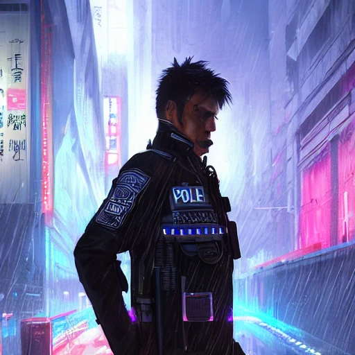 portrait futuristic french cyberpunk male police, in heavy rainning futuristic tokyo rooftop cyberpunk night, ssci-fi, fantasy, intricate, neon light, highly detailed, digital painting, artstation, concept art, soft light, hdri, smooth, sharp focus, illustration, art by tian zi and craig mullins and WLOP and alphonse mucha