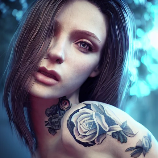 Perfect female body, long hair, blue eyes, tattooed skin, beautiful and elegant details, photorealistic, cinematic sunlight, photo bashing, epic cinematic, octane rendering, extremely high detail, post-processing, 8k, 3d, denoise, redshift style, 3D, , Cartoon