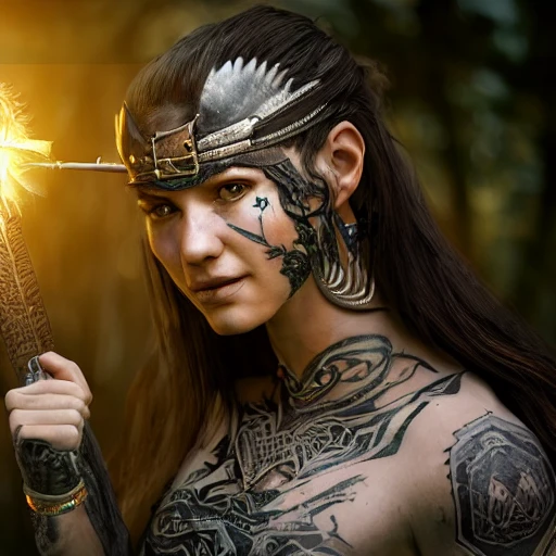 Beautiful warrior woman with spear in hand, long hair, smiling, clear eyes, tattooed skin, super detail, photorealistic, photo bashing, cinematic lights, photo bashing , epic cinematic, extremely high detail, post-processing, 8k, 3d, denoise , redshift style