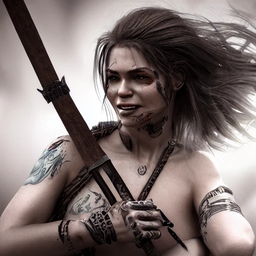 Beautiful warrior woman with spear in hand, long hair, smiling, clear eyes, tattooed skin, super detail, photorealistic, photo bashing, cinematic lights, photo bashing , epic cinematic, extremely high detail, post-processing, 8k, 3d, denoise , redshift style, 3D
