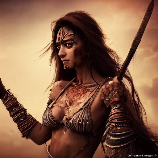 Beautiful warrior woman with spear in hand, long hair, smiling, clear eyes, tattooed skin, super detail, photorealistic, photo bashing, cinematic lights, photo bashing , epic cinematic, extremely high detail, post-processing, 8k, 3d, denoise , redshift style, 3D, , Cartoon