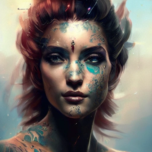 a beautiful portrait of a goddess with tattoo skin by greg rutkowski and raymond swanland, trending on artstation, ultra realistic digital art