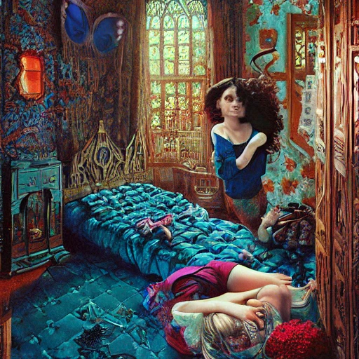 realistic detailed image of a girl in anold soviet girlish room with a little monster hiding!!! under the bed!!! by Ayami Kojima, Amano, Karol Bak, Greg Hildebrandt, and Mark Brooks, Neo-Gothic, gothic, rich deep colors. Beksinski painting, part by Adrian Ghenie and Gerhard Richter. art by Takato Yamamoto. masterpiece .ntricate artwork by Tooth Wu and wlop and beeple, greg rutkowski, very coherent symmetrical artwork, cinematic, hyper realism, high detail, octane render, unreal engine, 8k, Vibrant colors, Smooth gradients, High contrast, depth of field. by Katsuhiro Otomo, full body character drawing, inspired by Evangeleon, clean ink detailed line drawing, intricate detail, extremely detailed, 8k. painting by Arthur Rackham, Eugene de Blaas, Frederic Leighton, Pencil Sketch