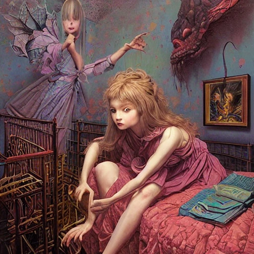 realistic detailed image of a girl in anold soviet girlish room with a little monster hiding!!! under the bed!!! by Ayami Kojima, Amano, Karol Bak, Greg Hildebrandt, and Mark Brooks, Neo-Gothic, gothic, rich deep colors. Beksinski painting, part by Adrian Ghenie and Gerhard Richter. art by Takato Yamamoto. masterpiece .ntricate artwork by Tooth Wu and wlop and beeple, greg rutkowski, very coherent symmetrical artwork, cinematic, hyper realism, high detail, octane render, unreal engine, 8k, Vibrant colors, Smooth gradients, High contrast, depth of field. by Katsuhiro Otomo, full body character drawing, inspired by Evangeleon, clean ink detailed line drawing, intricate detail, extremely detailed, 8k. painting by Arthur Rackham, Eugene de Blaas, Frederic Leighton, Pencil Sketch, Pencil Sketch