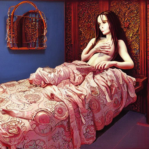 realistic detailed image of a girl in anold soviet girlish room with a little monster hiding!!! under the bed!!! by Ayami Kojima, Amano, Karol Bak, Greg Hildebrandt, and Mark Brooks, Neo-Gothic, gothic, rich deep colors. Beksinski painting, part by Adrian Ghenie and Gerhard Richter. art by Takato Yamamoto. masterpiece .ntricate artwork by Tooth Wu and wlop and beeple, greg rutkowski, very coherent symmetrical artwork, cinematic, hyper realism, high detail, octane render, unreal engine, 8k, Vibrant colors, Smooth gradients, High contrast, depth of field. by Katsuhiro Otomo, full body character drawing, inspired by Evangeleon, clean ink detailed line drawing, intricate detail, extremely detailed, 8k. painting by Arthur Rackham, Eugene de Blaas, Frederic Leighton, Pencil Sketch, Pencil Sketch