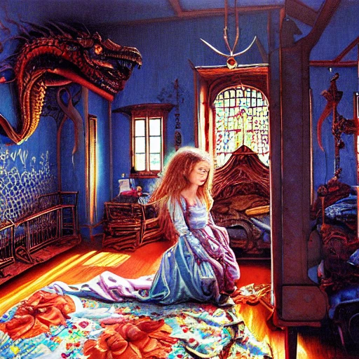 realistic detailed image of a girl in anold soviet girlish room with a little monster hiding!!! under the bed!!! by Ayami Kojima, Amano, Karol Bak, Greg Hildebrandt, and Mark Brooks, Neo-Gothic, gothic, rich deep colors. Beksinski painting, part by Adrian Ghenie and Gerhard Richter. art by Takato Yamamoto. masterpiece .ntricate artwork by Tooth Wu and wlop and beeple, greg rutkowski, very coherent symmetrical artwork, cinematic, hyper realism, high detail, octane render, unreal engine, 8k, Vibrant colors, Smooth gradients, High contrast, depth of field. by Katsuhiro Otomo, full body character drawing, inspired by Evangeleon, clean ink detailed line drawing, intricate detail, extremely detailed, 8k. painting by Arthur Rackham, Eugene de Blaas, Frederic Leighton, Pencil Sketch, Pencil Sketch, 3D