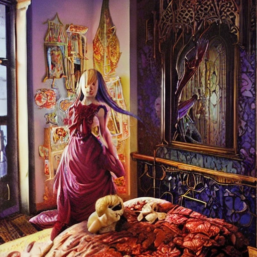 realistic detailed image of a girl in anold soviet girlish room with a little monster hiding!!! under the bed!!! by Ayami Kojima, Amano, Karol Bak, Greg Hildebrandt, and Mark Brooks, Neo-Gothic, gothic, rich deep colors. Beksinski painting, part by Adrian Ghenie and Gerhard Richter. art by Takato Yamamoto. masterpiece .ntricate artwork by Tooth Wu and wlop and beeple, greg rutkowski, very coherent symmetrical artwork, cinematic, hyper realism, high detail, octane render, unreal engine, 8k, Vibrant colors, Smooth gradients, High contrast, depth of field. by Katsuhiro Otomo, full body character drawing, inspired by Evangeleon, clean ink detailed line drawing, intricate detail, extremely detailed, 8k. painting by Arthur Rackham, Eugene de Blaas, Frederic Leighton, Pencil Sketch, Pencil Sketch, 3D