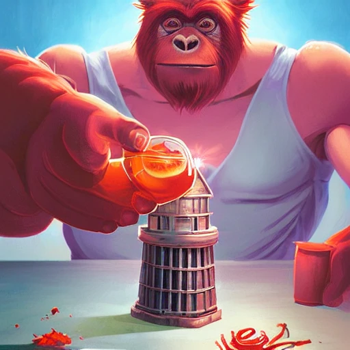 hero world atari, red orangutan as bartender holding and shaking detailed lighthouse miniature as shaker for make cocktails at bar, behance hd by jesper ejsing, by rhads, makoto shinkai and lois van baarle, ilya kuvshinov, rossdraws global illumination 