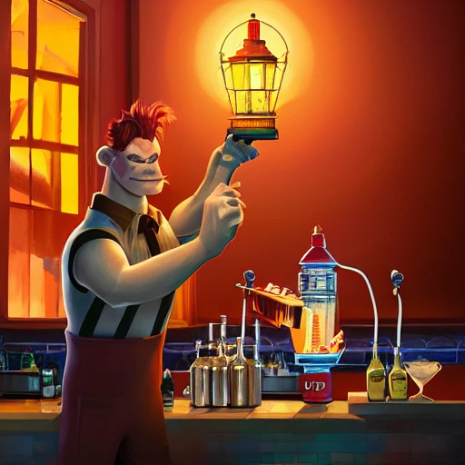 hero world atari, red orangutan as bartender holding and shaking detailed lighthouse miniature as shaker for make cocktails at bar, behance hd by jesper ejsing, by rhads, makoto shinkai and lois van baarle, ilya kuvshinov, rossdraws global illumination 