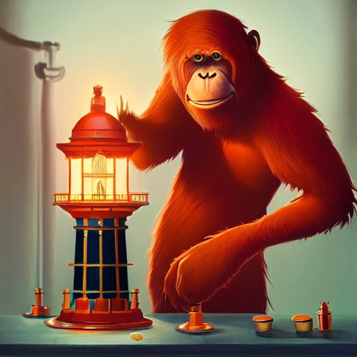 hero world atari, red orangutan as bartender holding and shaking detailed lighthouse miniature as shaker for make cocktails at bar, behance hd by jesper ejsing, by rhads, makoto shinkai and lois van baarle, ilya kuvshinov, rossdraws global illumination , Water Color