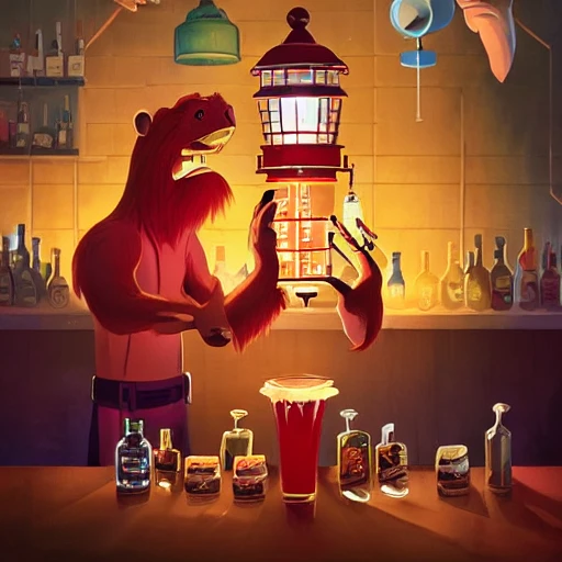 hero world atari, red orangutan as bartender holding and shaking detailed lighthouse miniature as shaker for make cocktails at bar, behance hd by jesper ejsing, by rhads, makoto shinkai and lois van baarle, ilya kuvshinov, rossdraws global illumination ,  Pencil Sketch