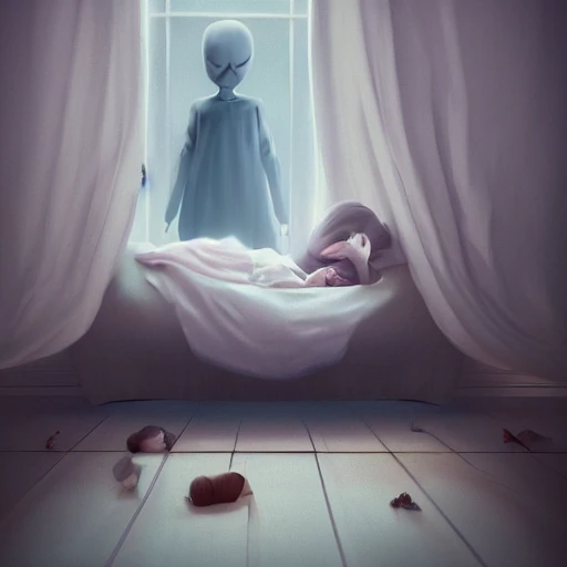 a child sleeping placid in a cozy bed, from under the bed a tall, slim, pale, curved, bowed, slenderman like figure smiles over the head of the child, whispering nightmares, hyperrealistic, octane, unreal 5, intricate digital art