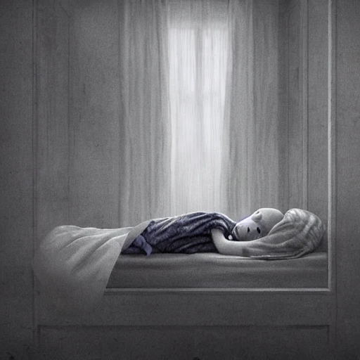 a child sleeping placid in a cozy bed, from under the bed a tall, slim, pale, curved, bowed, slenderman like figure smiles over the head of the child, whispering nightmares, hyperrealistic, octane, unreal 5, intricate digital art, Pencil Sketch