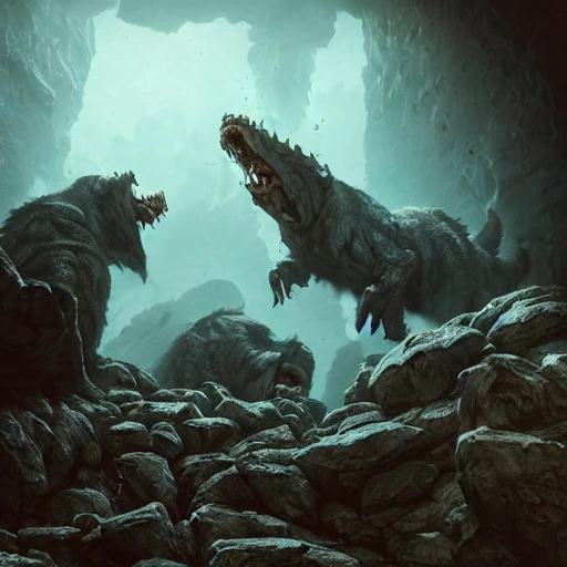 three lovecraftian rabies mastiffs attacking inside a claustrophobic dark blue canyon of stone, foaming at the mouth, like ink in water, monsters, sharp teeth, digital art, greg rutkowski, unreal engine, octane render, cinematic lighting, highly detailed