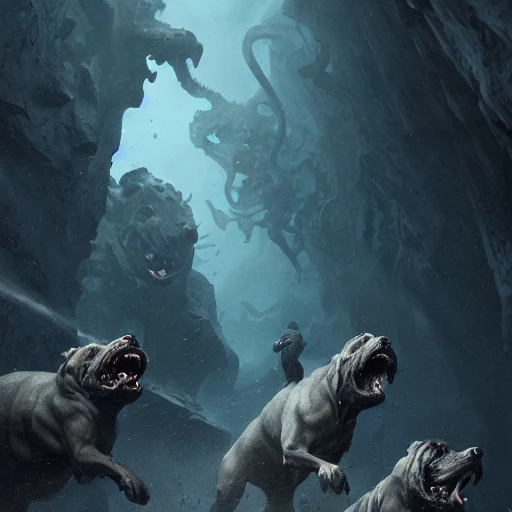 three lovecraftian rabies mastiffs attacking inside a claustrophobic dark blue canyon of stone, foaming at the mouth, like ink in water, monsters, sharp teeth, digital art, greg rutkowski, unreal engine, octane render, cinematic lighting, highly detailed, Pencil Sketch