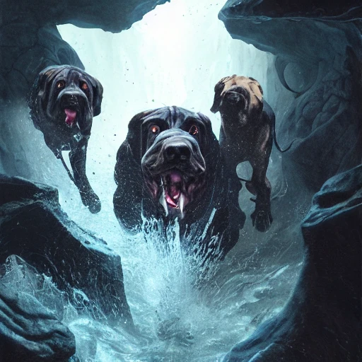 three lovecraftian rabies mastiffs attacking inside a claustrophobic dark blue canyon of stone, foaming at the mouth, like ink in water, monsters, sharp teeth, digital art, greg rutkowski, unreal engine, octane render, cinematic lighting, highly detailed, Pencil Sketch, Water Color