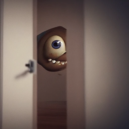 monster peeks through the broken door , close up,  style, animated, cgstation, octane render, film still, best animation, visual effects, 3D