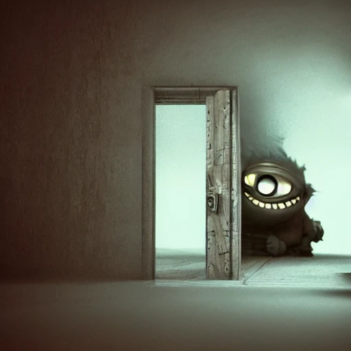 monster peeks through the broken door , close up,  style, animated, cgstation, octane render, film still, best animation, visual effects, 3D, Pencil Sketch, Water Color