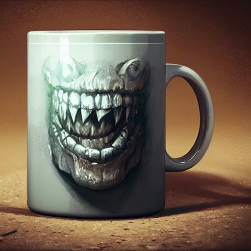 monster face mug, digital art, many details, super realistic, greg rutkowski style, high quality, 8 k, 3D, Pencil Sketch, Water Color, 3D, Cartoon