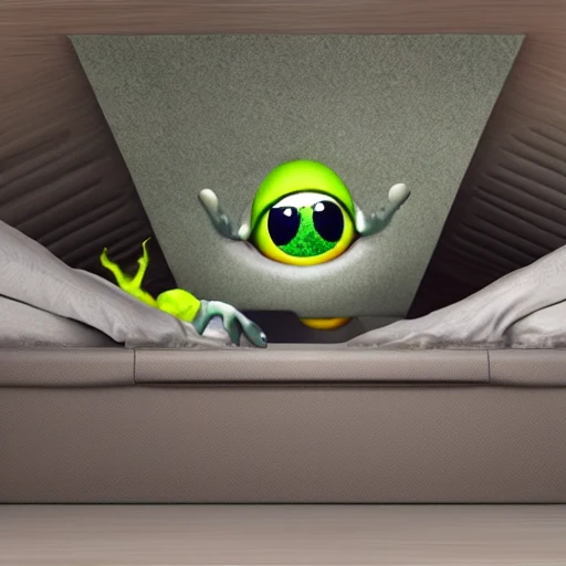 monster peeking out from underneath the bed,  3D