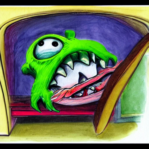 monster peeking out from underneath the bed,  3D, Water Color