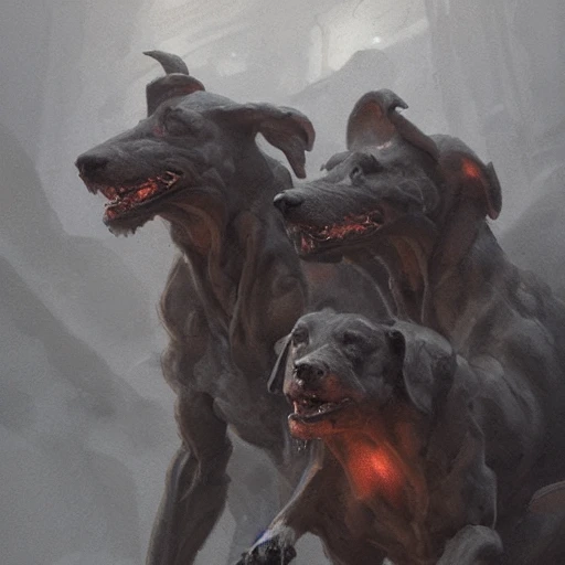 cerberus the three headed hound at the gates of hell, greg rutkowski, 8 k, shallow depth of field, moody lighting, ultra high detail, concept art,