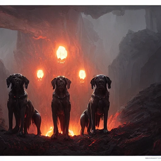 cerberus the three headed hound at the gates of hell, greg rutkowski, 8 k, shallow depth of field, moody lighting, ultra high detail, concept art,