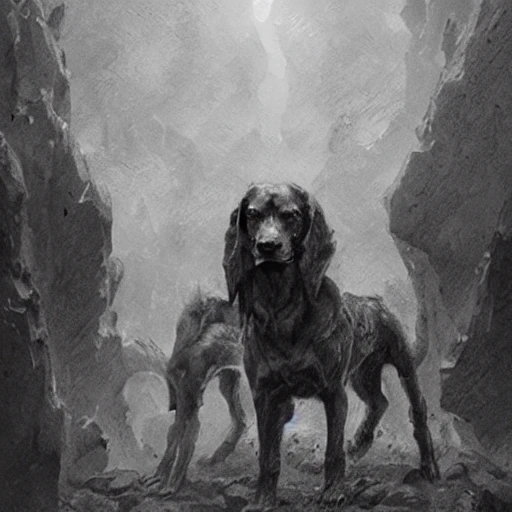 cerberus the three headed hound at the gates of hell, greg rutkowski, 8 k, shallow depth of field, moody lighting, ultra high detail, concept art,, Pencil Sketch