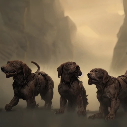 cerberus the three headed hound at the gates of hell, greg rutkowski, 8 k, shallow depth of field, moody lighting, ultra high detail, concept art,,  3D