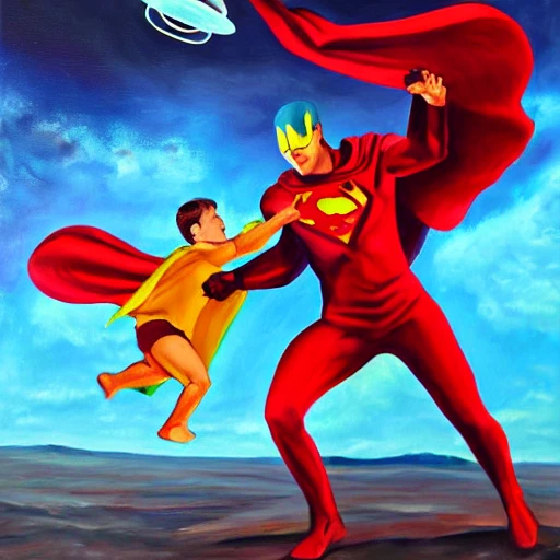 superhero protects  from ufo , Oil Painting, 2050